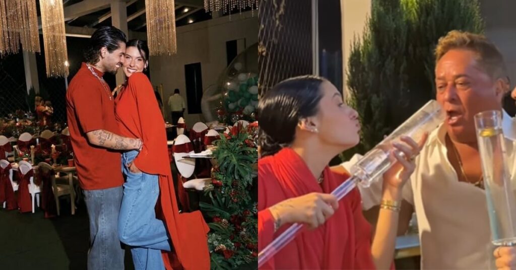 Ana Castela e Zé Felipe aparecem abraçados durante festa de Natal em Goiânia, enquanto Leonardo se diverte ao fundo com uma bebida