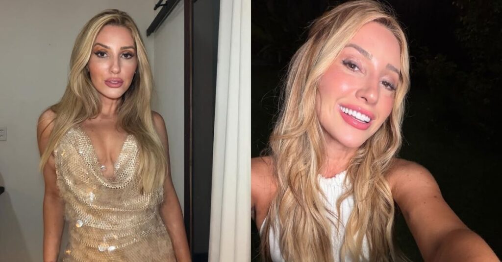 Amanda Meirelles posa em montagem, com maquiagem marcada em um registro e aparência natural em outro