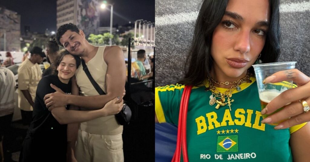 12 famosos internacionais que curtiram o Brasil em 2025: relembre os que marcaram o ano Rosalía abraça um fã em área externa durante evento noturno, com público ao fundo e prédios iluminados; os dois aparecem sorrindo em clima descontraído; Dua Lipa posa para selfie segurando um copo de bebida, usando camiseta verde e amarela do Brasil com estampa “Rio de Janeiro” e colares dourados, em ambiente interno