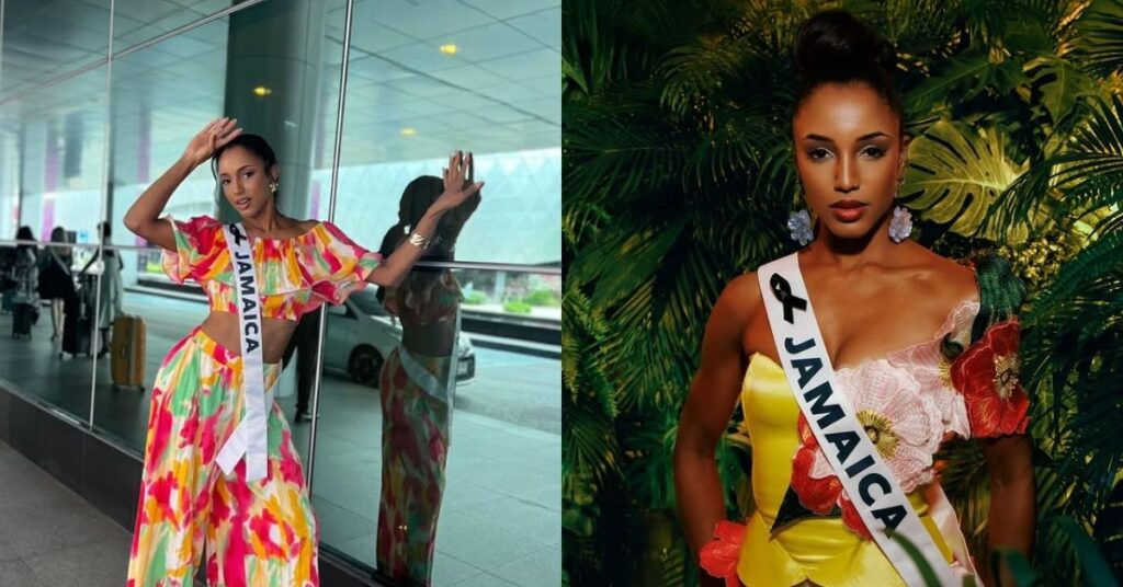 Miss Universo esclarece acidente grave de Miss Jamaica em desfile; entenda Miss Jamaica posa em duas fotos, com a faixa da Jamaica