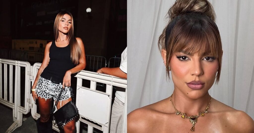 Hariany posa para foto em montagem com dois registros compartilhados no Instagram, um look casual em evento e outro close de maquiagem e cabelo presos