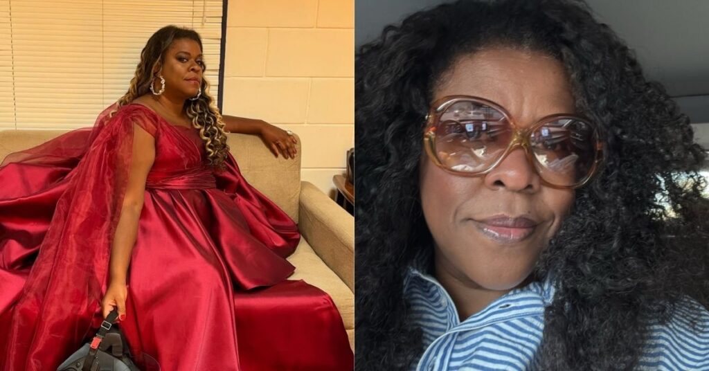 Cacau Protásio em dois registros, um usando vestido vermelho de gala e outro em selfie casual compartilhada nas redes sociais