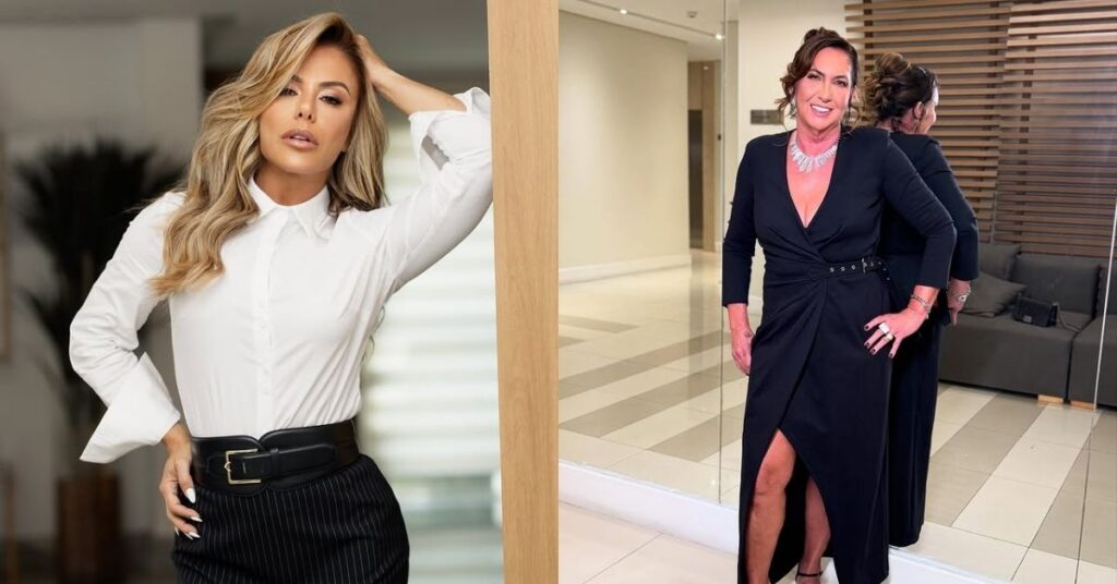 Poliana Rocha posa para foto ao lado de Margareth Serrão em evento comemorativo, ambas vestindo looks elegantes em ambiente interno iluminado