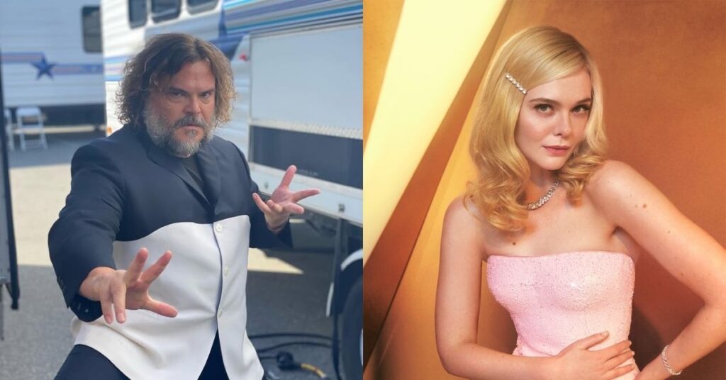 Jack Black reage ao ser chamado de ‘homem perfeito’ por Elle Fanning; veja Jack Black posa de forma descontraída nos bastidores de gravação, enquanto Elle Fanning aparece em retrato elegante durante evento oficial
