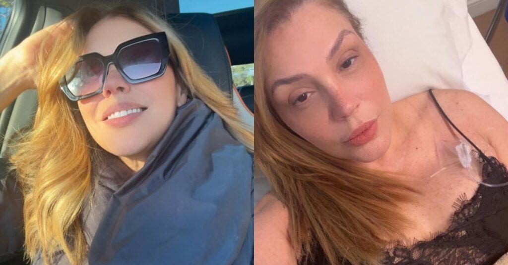 Simony aparece em montagem com duas fotos, à esquerda em selfie dentro do carro usando óculos escuros e à direita deitada em leito hospitalar durante sessão de imunoterapia.