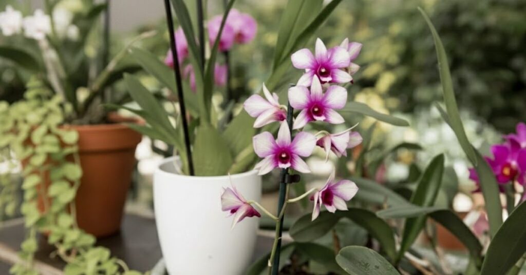 Orquídeas com flores roxas e brancas em vaso branco, com folhas verdes ao fundo, criando uma composição decorativa em ambiente interno.