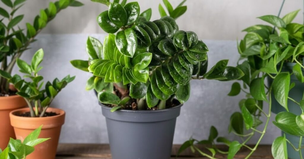 Zamioculca em vaso cinza, com folhas verdes brilhantes e encorpadas, apoiada sobre superfície de madeira, ao lado de outras plantas em ambiente interno