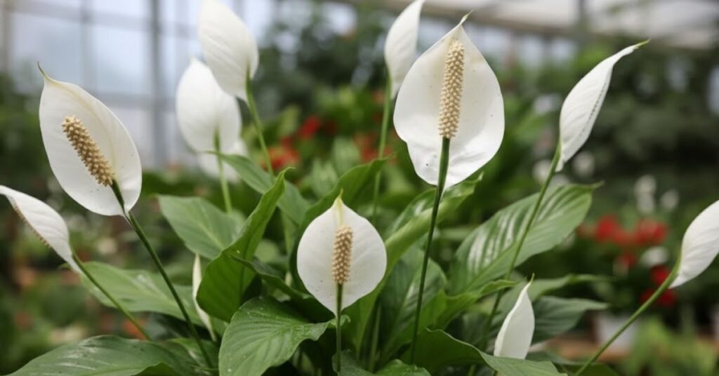 Lírio-da-paz com flores brancas e folhas verdes brilhantes, cultivado em ambiente interno com outras plantas ao fundo.