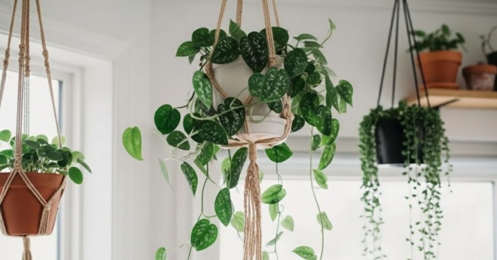 Jiboia com folhas verdes em vasos suspensos por suportes de corda, pendente em ambiente interno iluminado por luz natural.