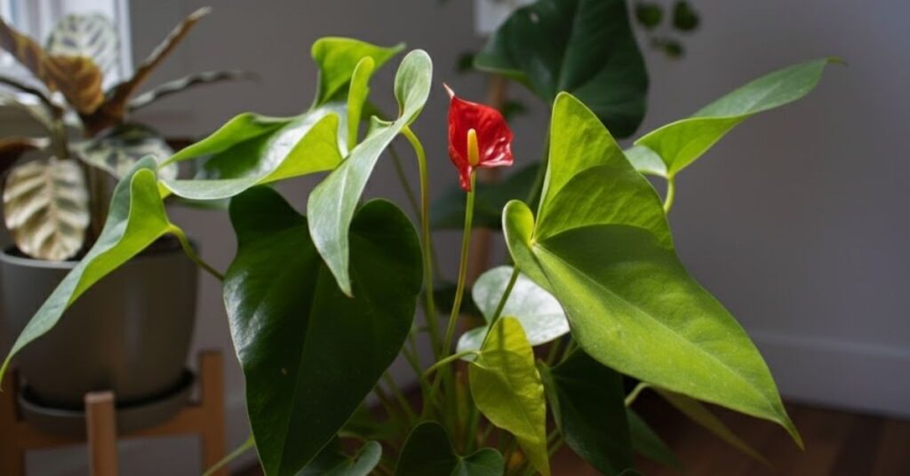 Antúrio com flor vermelha e folhas verdes brilhantes, cultivado em vaso dentro de ambiente interno com luz natural suave.