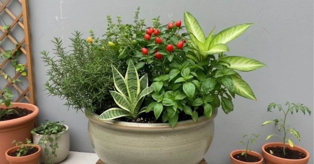Vaso com ervas aromáticas e plantas ornamentais, como manjericão, alecrim e pimenta, dispostas em ambiente externo junto a outros vasos.