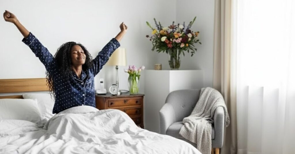 4 práticas matinais que ajudam a melhorar a qualidade de vida, segundo especialistas de Harvard Mulher acorda pela manhã em quarto iluminado, espreguiçando-se na cama com expressão de bem-estar e disposição para iniciar o dia.