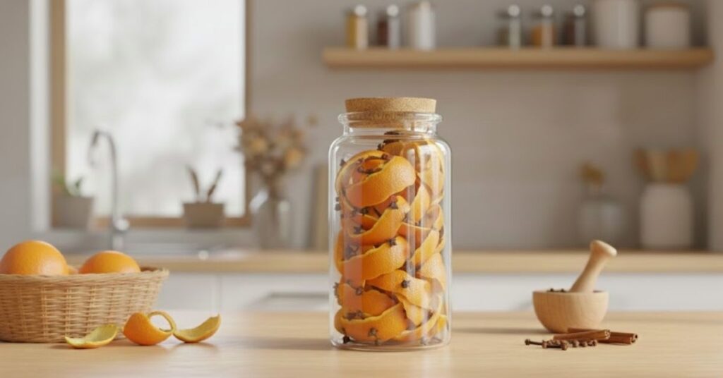 Frasco de vidro com cascas de laranja e cravo-da-índia usado como aromatizador natural sobre bancada de cozinha clara, com laranjas e especiarias ao fundo.