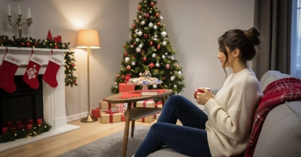 Sem companhia no Natal? Confira seis estratégias para manter o cérebro ativo no fim de ano Mulher sentada no sofá de uma sala decorada para o Natal, segurando uma caneca quente, com árvore natalina iluminada, lareira com meias decorativas e presentes ao fundo.