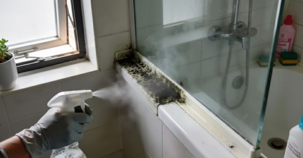 Mofo preto acumulado no rejunte e no silicone do box do banheiro enquanto uma mão com luva borrifa produto de limpeza na área afetada, com janela ao fundo ajudando na ventilação