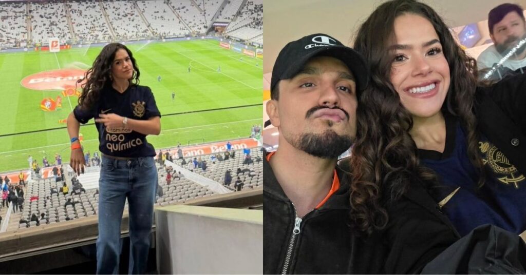 Maisa posa nas arquibancadas da Neo Química Arena usando camisa do Corinthians e aparece sorrindo ao lado de Luan Santana durante partida no estádio