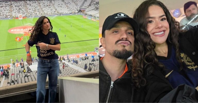 Maisa tieta Luan Santana em jogo do Corinthians: ‘Meu nº 1’ Maisa posa nas arquibancadas da Neo Química Arena usando camisa do Corinthians e aparece sorrindo ao lado de Luan Santana durante partida no estádio