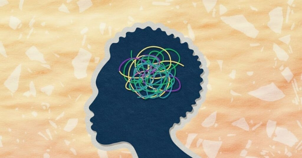 Psiquiatra aponta 5 hábitos essenciais para fortalecer a saúde mental Ilustração de silhueta humana de perfil com traços coloridos embaralhados na região da cabeça, representando confusão mental e saúde emocional.