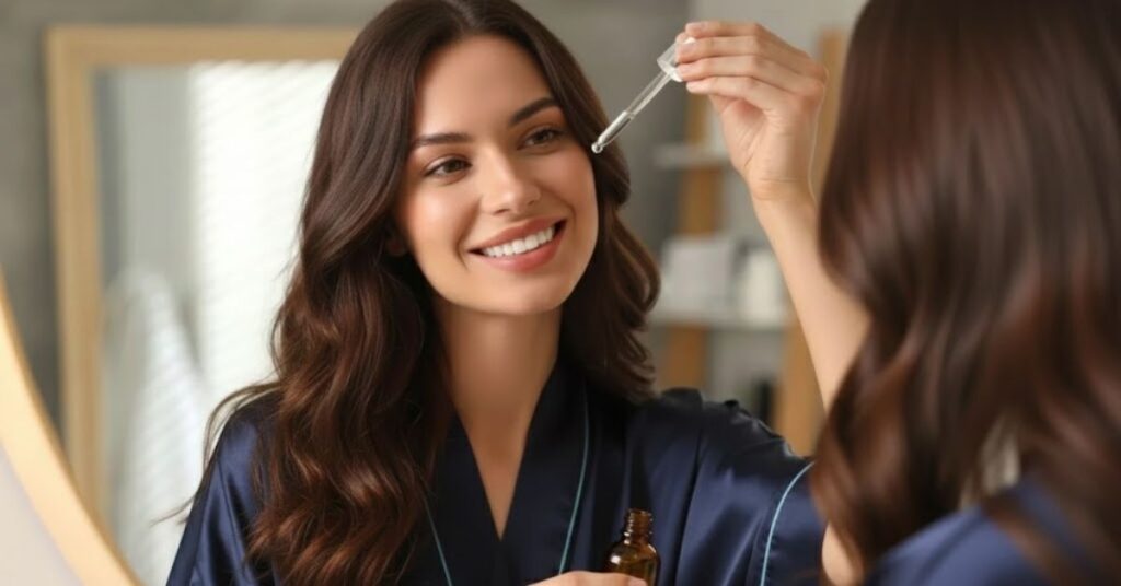 Permeação inteligente: as inovações que estão redefinindo o skincare Mulher aplica sérum facial com conta-gotas diante do espelho durante a rotina de skincare, ilustrando cuidados com a pele e uso de ativos cosméticos.