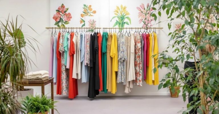 Arara com roupas coloridas organizadas por tons, representando a escolha de cores para cada signo em 2026 em um ambiente claro com plantas decorativas