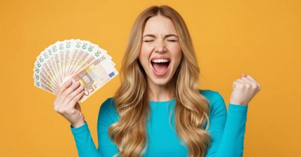 Mulher jovem comemora segurando várias notas de euro, expressando alegria e entusiasmo ao representar conquista financeira, prosperidade e sucesso econômico.