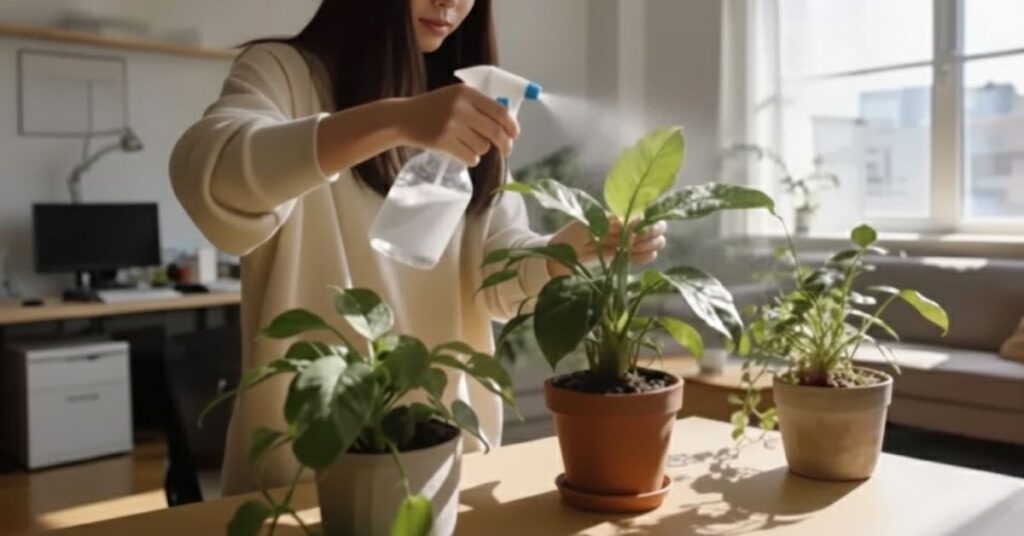 Por que vale a pena usar bicarbonato de sódio em plantas de interior e o que ele realmente faz Pessoa borrifa solução líquida nas folhas de plantas de interior em vasos, posicionadas sobre uma mesa próxima à janela, em ambiente doméstico bem iluminado.