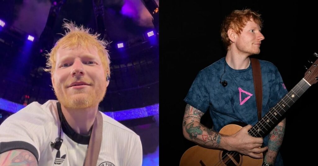 Ed Sheeran abre o coração após perder 14 kg: ‘Queria ser um pai responsável’ Ed Sheeran posa no palco durante show e aparece tocando violão em apresentação ao vivo