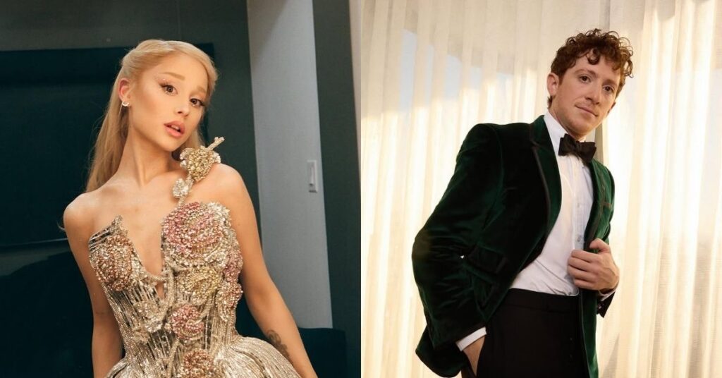 Montagem com Ariana Grande usando vestido de gala em camarim e Ethan Slater posando de terno verde em ambiente interno iluminado