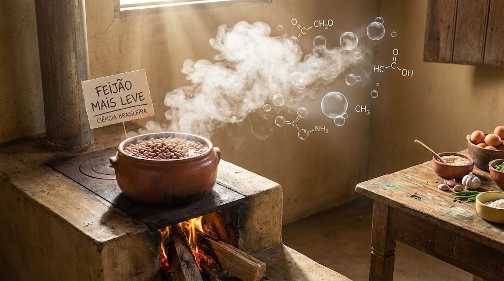 Cientistas brasileiros encontram caminho para reduzir os gases do feijão Panela de barro com feijão cozinhando em fogão a lenha, soltando vapor, com elementos gráficos ilustrando reações químicas e referência ao preparo tradicional do feijão.