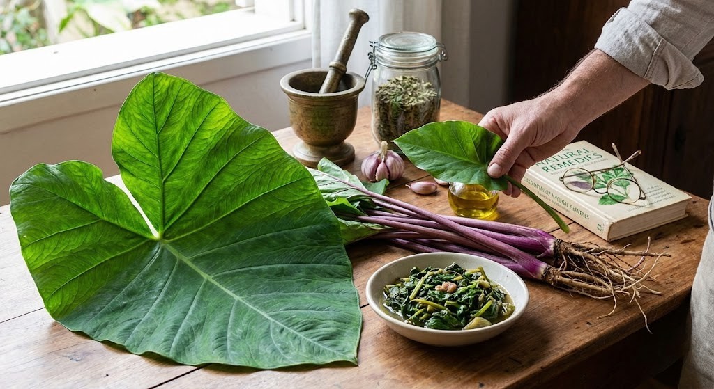 Folhas grandes de taioba sobre mesa de madeira ao lado de ingredientes naturais, raízes e preparo culinário, destacando o uso da taioba na alimentação tradicional.