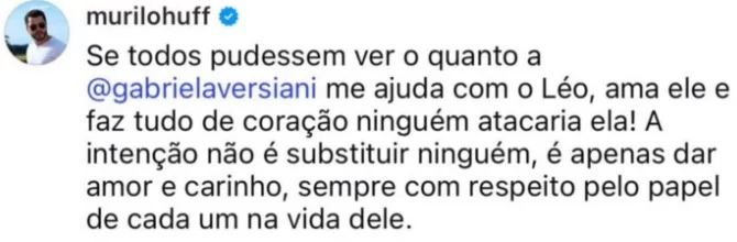 Murilo Huff publica comentário nas redes sociais defendendo Gabriela Versiani após críticas envolvendo o filho Léo