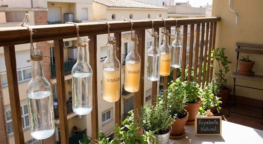 Garrafas penduradas na varanda com mistura de água e vinagre, usadas como repelente natural, ao lado de vasos com plantas em ambiente residencial.