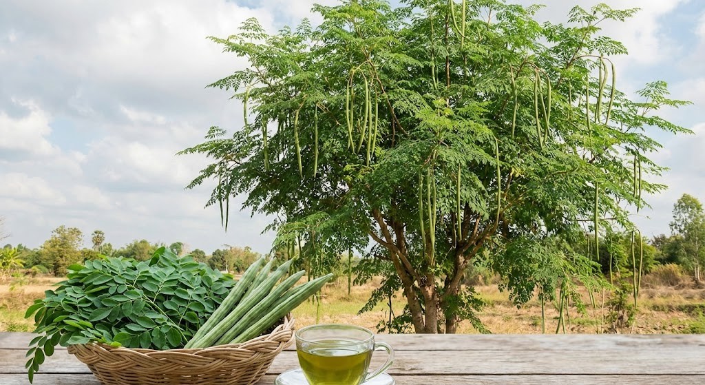 A chamada “árvore da vida” que chama atenção por possíveis benefícios terapêuticos Árvore de moringa em área rural, com cesta contendo folhas e vagens de moringa sobre mesa de madeira e uma xícara de chá de moringa em primeiro plano.”