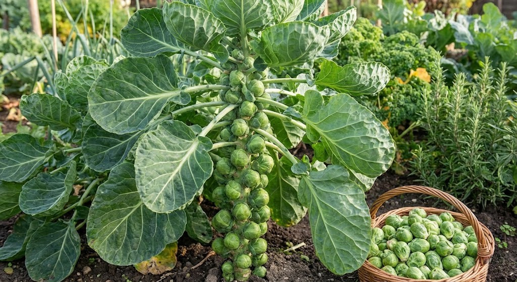 O vegetal verde compacto que ajuda a reforçar a imunidade e ainda produz bem na horta Planta de couve-de-bruxelas cultivada na horta, com brotos verdes ainda no caule e uma cesta com couves-de-bruxelas colhidas ao lado.