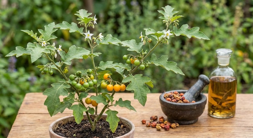 A planta amarga que ajuda na digestão e no cuidado com o fígado Planta de jurubeba cultivada em vaso, com frutos verdes e amarelos e pequenas flores brancas, acompanhada de pilão com sementes e frasco de óleo em ambiente natural.