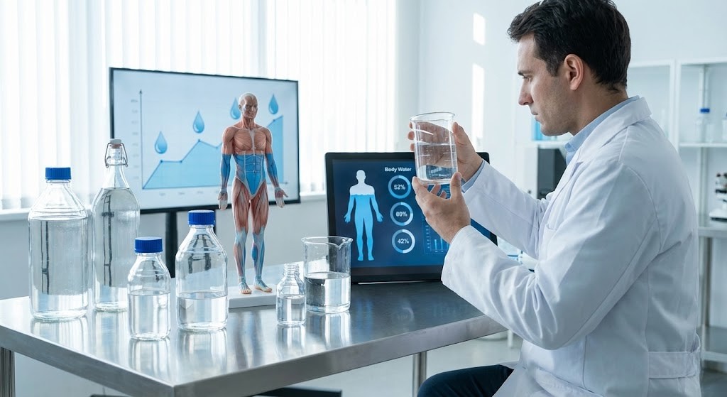 Esqueça os 2 litros: ciência aponta quanto de água o corpo realmente precisa Pesquisador em laboratório analisando água em recipiente transparente, com frascos sobre a bancada e telas ao fundo exibindo dados sobre hidratação e o corpo humano.