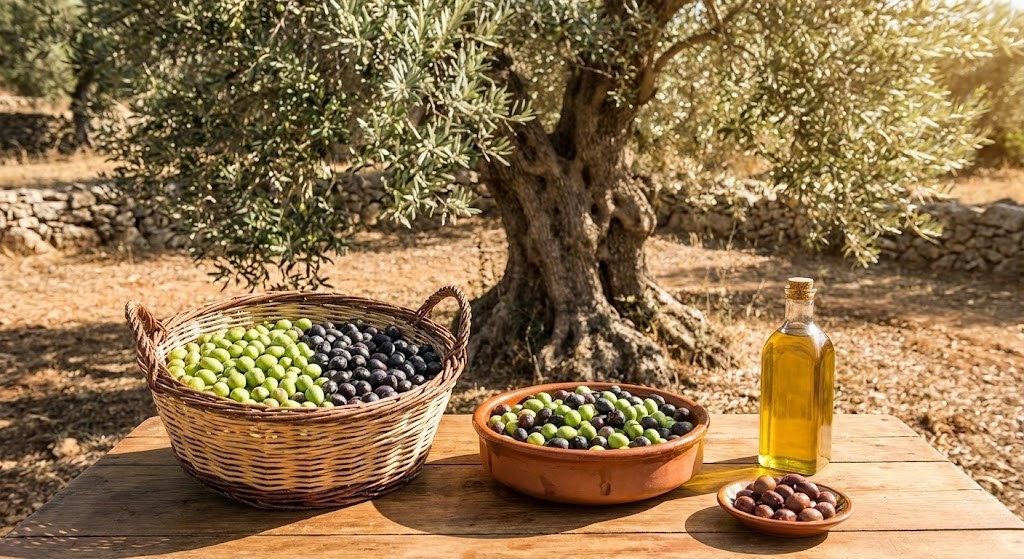 Cesto com azeitonas verdes e pretas recém-colhidas sobre mesa de madeira, ao lado de azeite em garrafa, com oliveira ao fundo em ambiente rural.