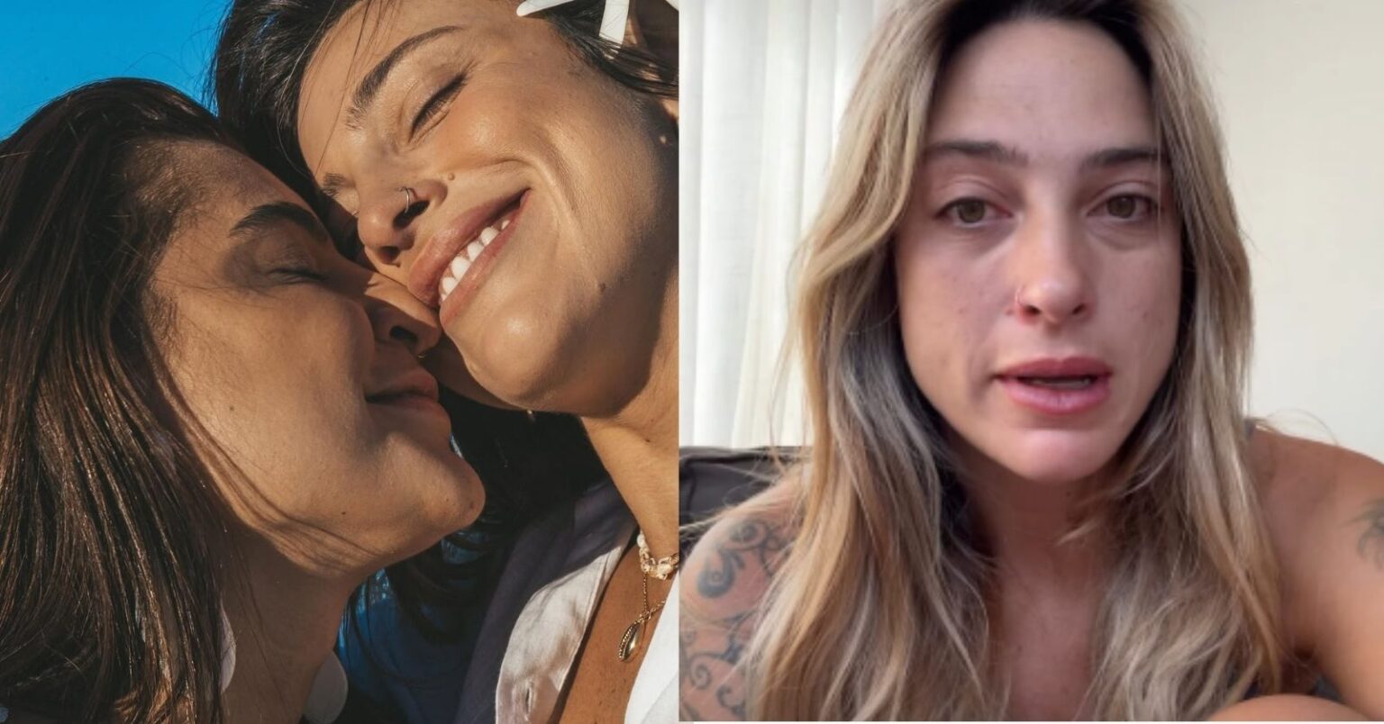 Tati Dias e Lauana Prado em foto juntas durante o relacionamento, antes do anúncio do fim do noivado no lado esquerdo e Tati Dias aparece emocionada em vídeo nos Stories ao falar sobre o fim do noivado com Lauana Prado do lado direito