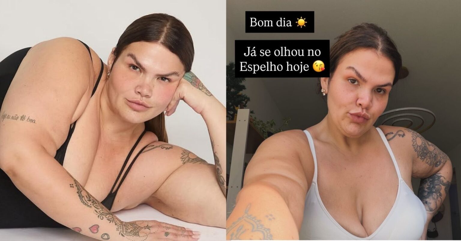 De lingerie, Thais Carla exibe mudança no corpo e surpreende com resultado Thais Carla posa de lingerie em duas imagens comparativas, mostrando a transformação no corpo após adotar rotina de treinos e alimentação mais saudável