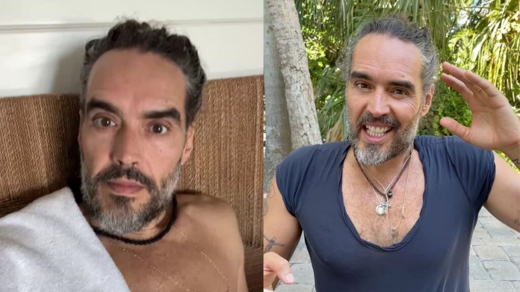 Russell Brand reage a desenho em tribunal após acusação de abuso Russell Brand reage a desenho em tribunal após acusação de abuso