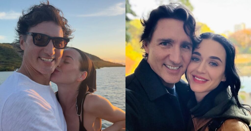 Fotomontagem com duas fotos do casal Katy Perry e Justin Trudeau, um casal adulto de pele clara: à esquerda, selfie ao ar livre ao pôr do sol, com a popstar beijando o rosto dele próximo a um lago; à direita, o casal sorri em outra selfie externa, com árvores e luz natural ao fundo, transmitindo proximidade e afeto.