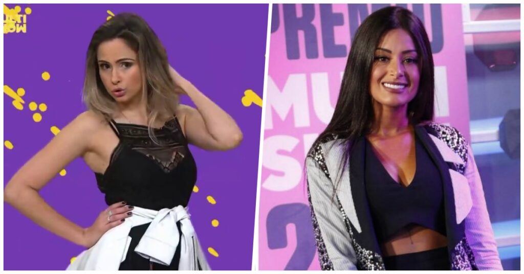 Montagem de 2 fotos, com Ana Paula Renault à esquerda durante o TVZ, e Aline Campos à direita, com o look criticado pela sister