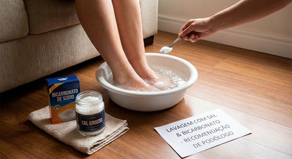 Por que podólogos indicam lavar os pés com sal e bicarbonato Pessoa fazendo escalda-pés com bicarbonato em uma bacia, adicionando o produto à água, com sal grosso e caixa de bicarbonato ao lado, em ambiente doméstico.