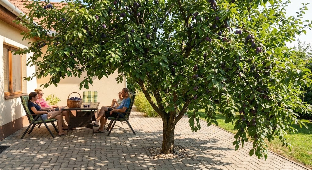 Amexeira carregada de frutos em quintal residencial, oferecendo sombra a pessoas sentadas ao redor de uma mesa no pátio, em ambiente externo ensolarado.