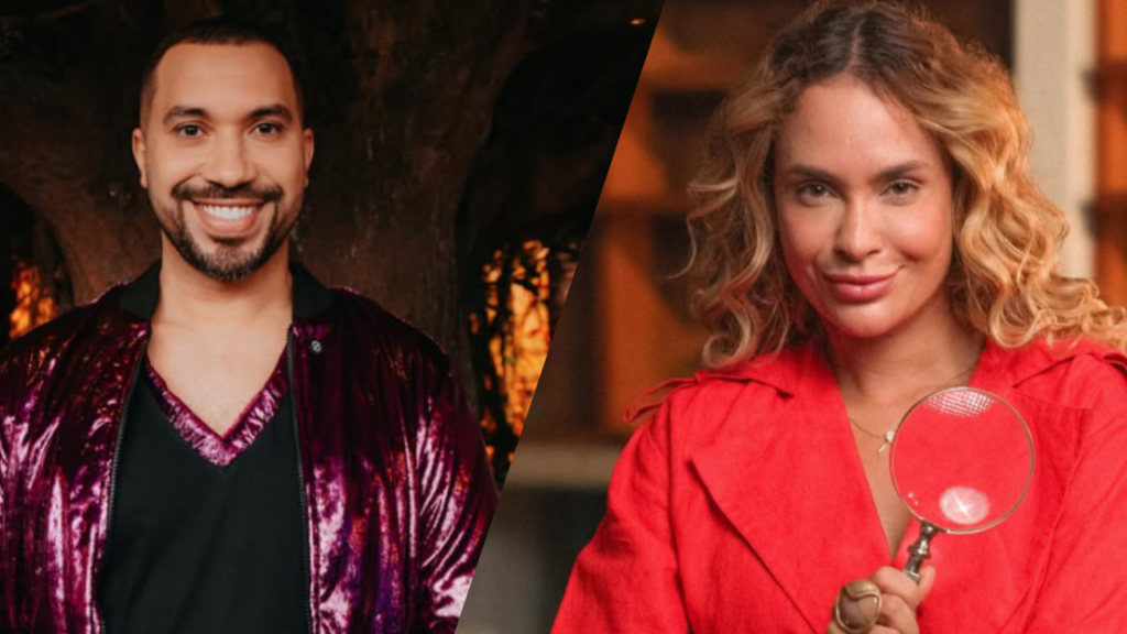 Montagem com duas pessoas em retratos separados, uma usando figurino brilhante e outra vestida de vermelho segurando uma lupa, em imagem relacionada a repercussões envolvendo Sarah Andrade e Gil do Vigor.