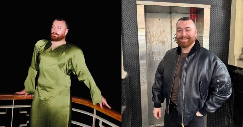 Montagem com duas fotos de Sam Smith, à esquerda o cantor aparece vestindo roupa verde em meio à natureza, e à direita posa sorridente com jaqueta preta em ambiente urbano.