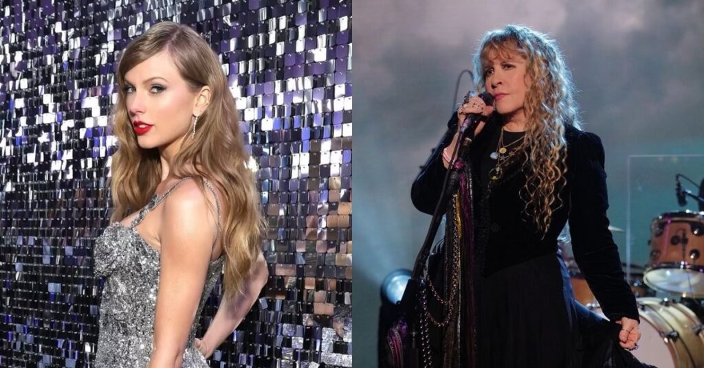 Taylor Swift posa para foto usando vestido brilhante, enquanto Stevie Nicks se apresenta no palco com microfone em show ao vivo
