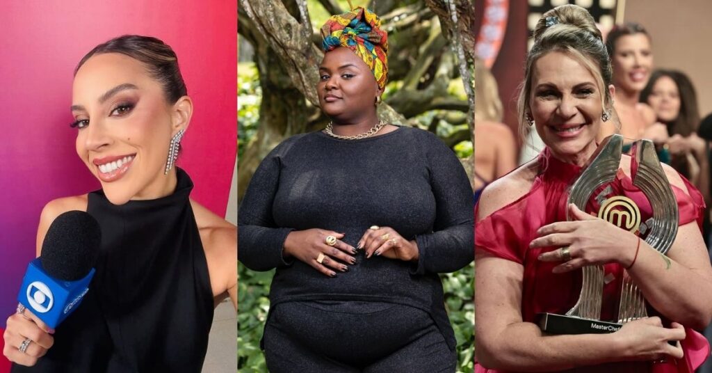 Quem venceu os realities em 2025? Relembre os campeões do ano na TV Montagem com Renata Saldanha segurando microfone em evento, Thaina Gonçalves posando ao ar livre com turbante colorido e Daniela Dantas exibindo troféu do MasterChef Brasil