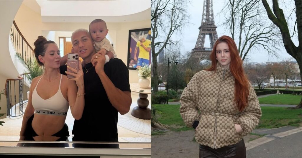 Namorada de Richarlison impressiona ao exibir carro de luxo na Inglaterra Richarlison posa com Amanda Araújo e o filho em selfie no espelho; à direita, influenciadora aparece em Paris com a Torre Eiffel ao fundo