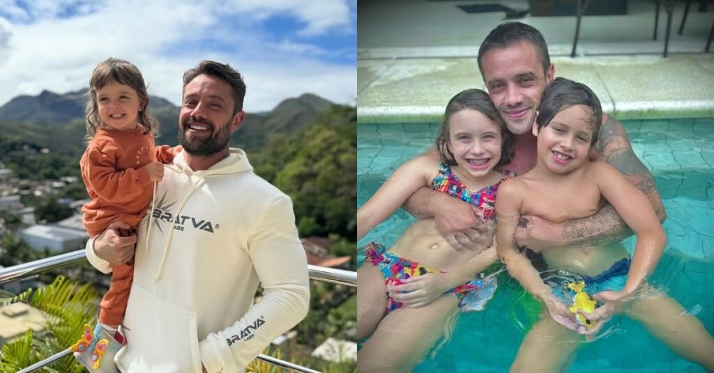 Rafael Cardoso aparece com os filhos em momentos de lazer, em registros ao ar livre e dentro da piscina, durante reencontro em família após período conturbado